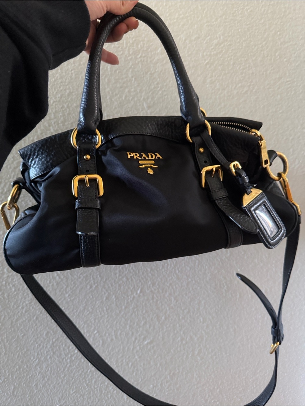 Prada Black Nylon & Leather Satchel with Gold Hardware